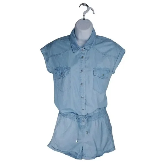 Revamped by Sirens Denim Romper Jumpsuit Blue Cuffed Leg XS - Picture 1 of 8